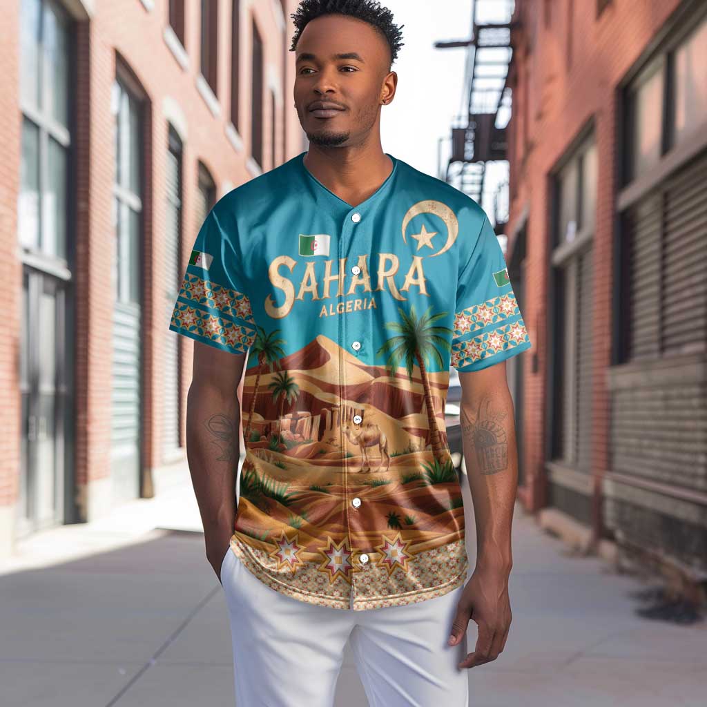 Sahara Algeria Baseball Jersey with Desert Camel Landscape and Islamic Motif Design