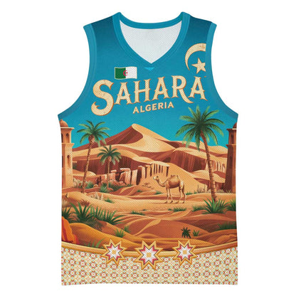 Sahara Algeria Basketball Jersey with Desert Camel Landscape and Islamic Motif Design - African Pride