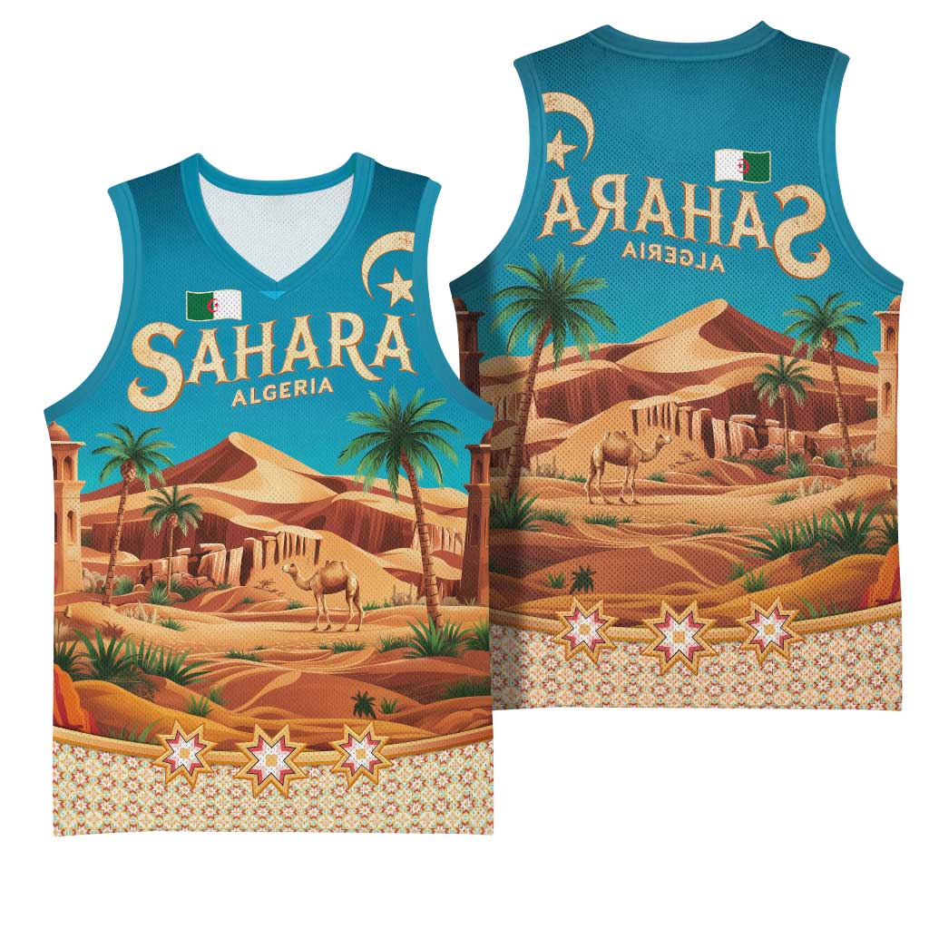 Sahara Algeria Basketball Jersey with Desert Camel Landscape and Islamic Motif Design - African Pride