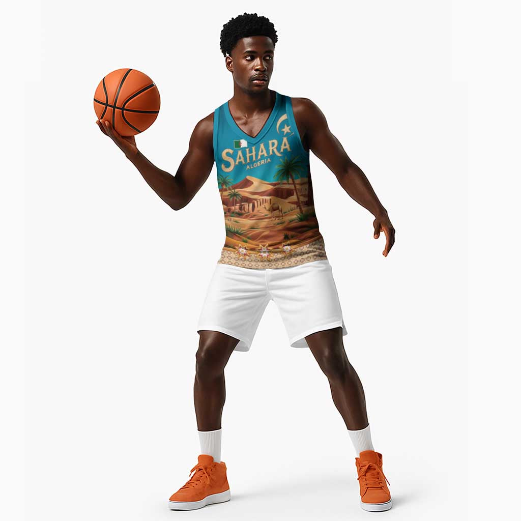 Sahara Algeria Basketball Jersey with Desert Camel Landscape and Islamic Motif Design - African Pride
