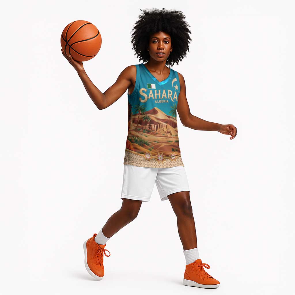 Sahara Algeria Basketball Jersey with Desert Camel Landscape and Islamic Motif Design - African Pride