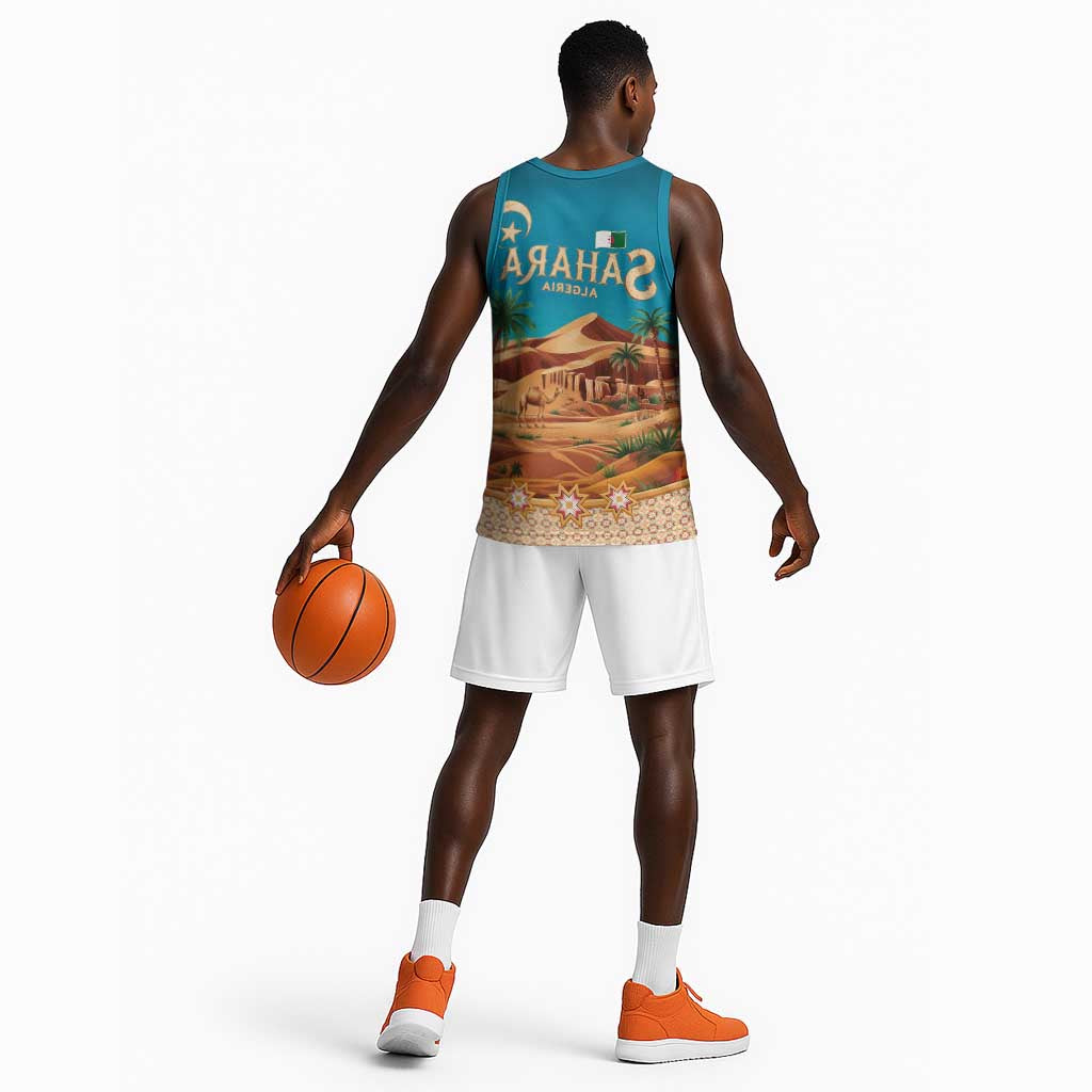 Sahara Algeria Basketball Jersey with Desert Camel Landscape and Islamic Motif Design - African Pride