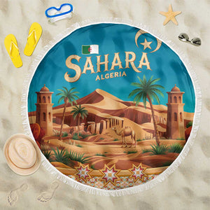 Sahara Algeria Beach Blanket with Desert Camel Landscape and Islamic Motif Design