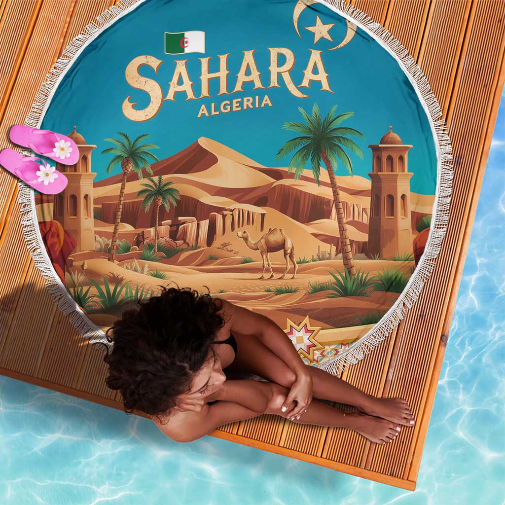 Sahara Algeria Beach Blanket with Desert Camel Landscape and Islamic Motif Design