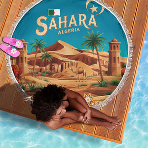 Sahara Algeria Beach Blanket with Desert Camel Landscape and Islamic Motif Design