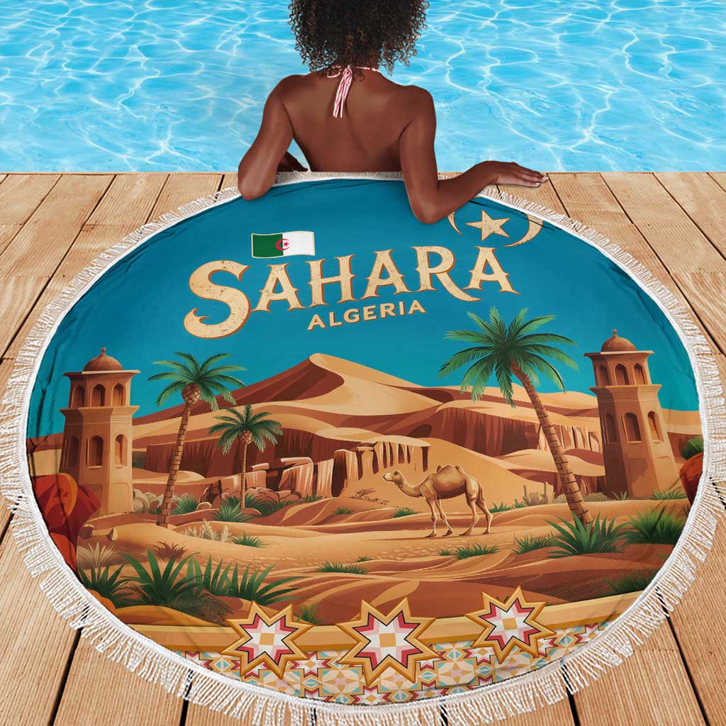Sahara Algeria Beach Blanket with Desert Camel Landscape and Islamic Motif Design