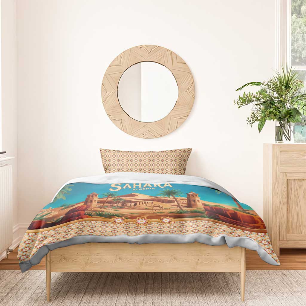 Sahara Algeria Bedding Set with Desert Camel Landscape and Islamic Motif Design