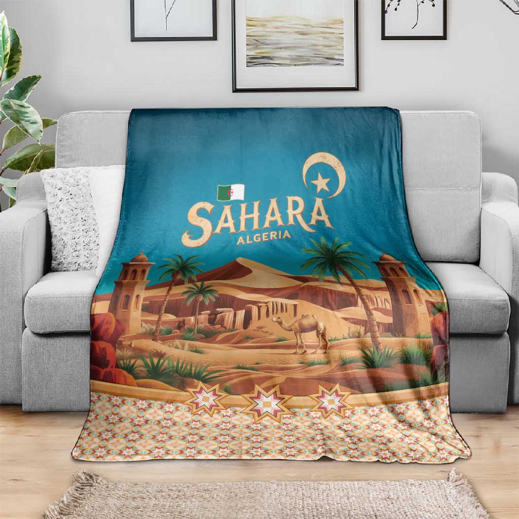 Sahara Algeria Blanket with Desert Camel Landscape and Islamic Motif Design