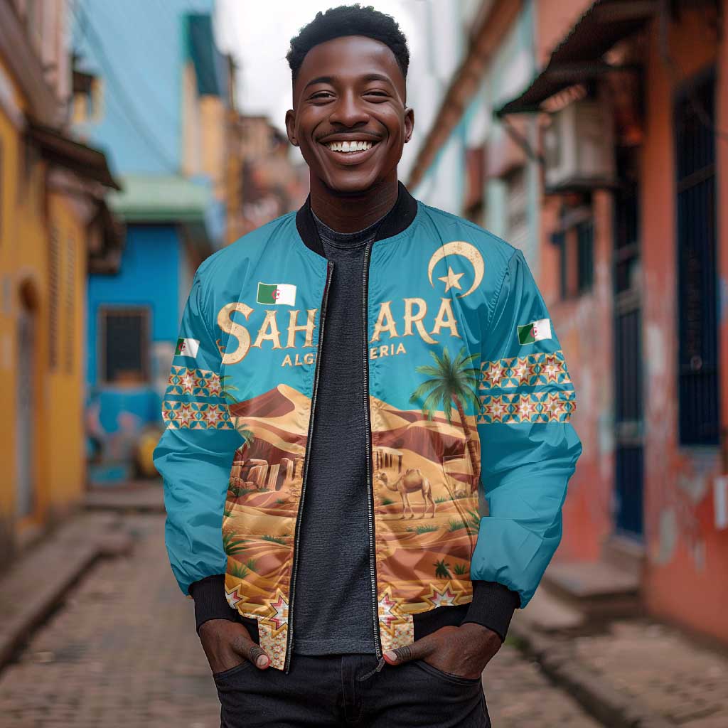 Sahara Algeria Bomber Jacket with Desert Camel Landscape and Islamic Motif Design