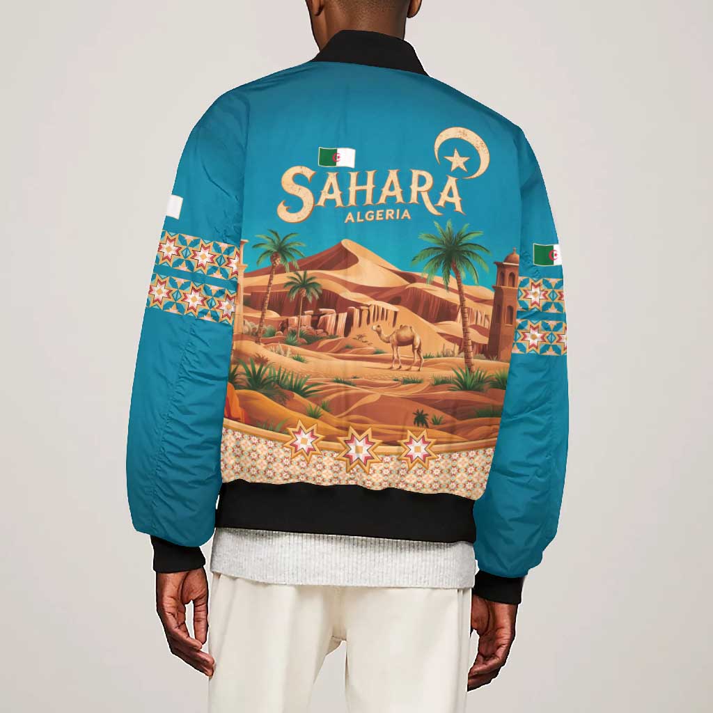 Sahara Algeria Bomber Jacket with Desert Camel Landscape and Islamic Motif Design