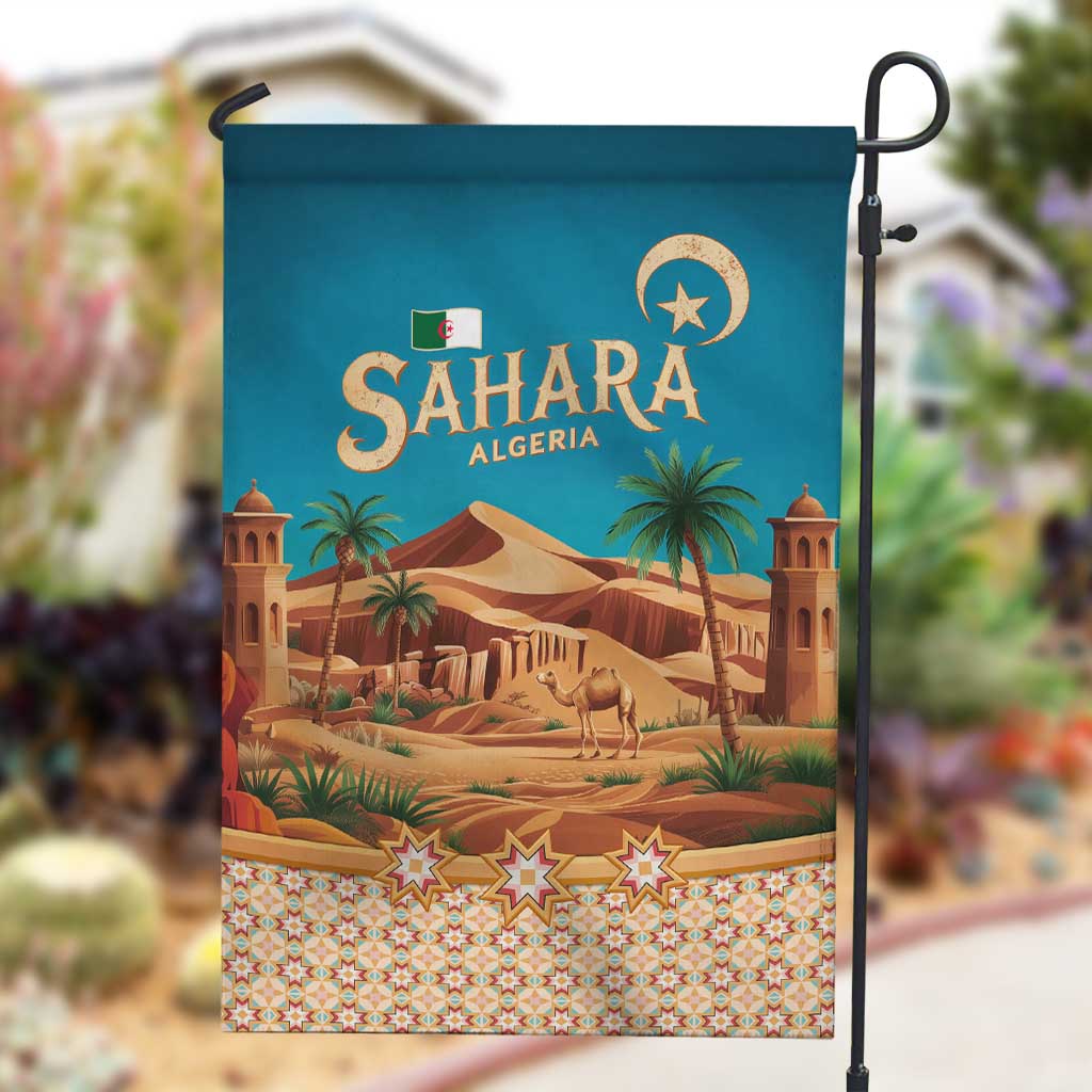 Sahara Algeria Garden Flag with Desert Camel Landscape and Islamic Motif Design