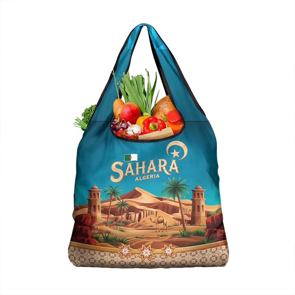 Sahara Algeria Grocery Bag with Desert Camel Landscape and Islamic Motif Design