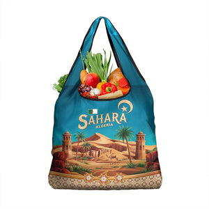 Sahara Algeria Grocery Bag with Desert Camel Landscape and Islamic Motif Design