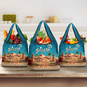 Sahara Algeria Grocery Bag with Desert Camel Landscape and Islamic Motif Design