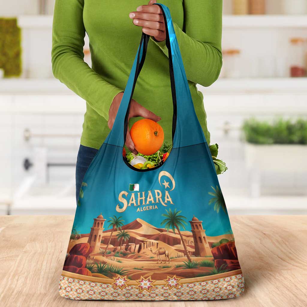 Sahara Algeria Grocery Bag with Desert Camel Landscape and Islamic Motif Design