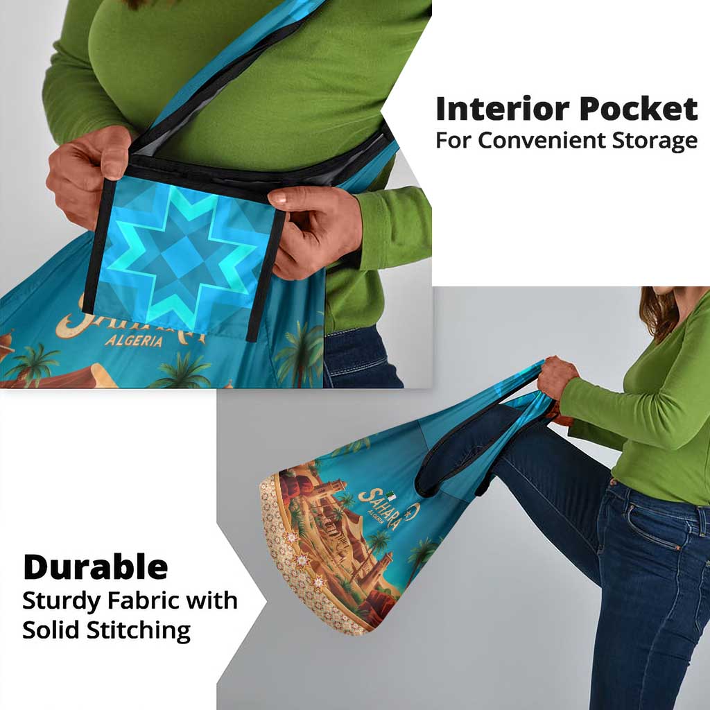 Sahara Algeria Grocery Bag with Desert Camel Landscape and Islamic Motif Design