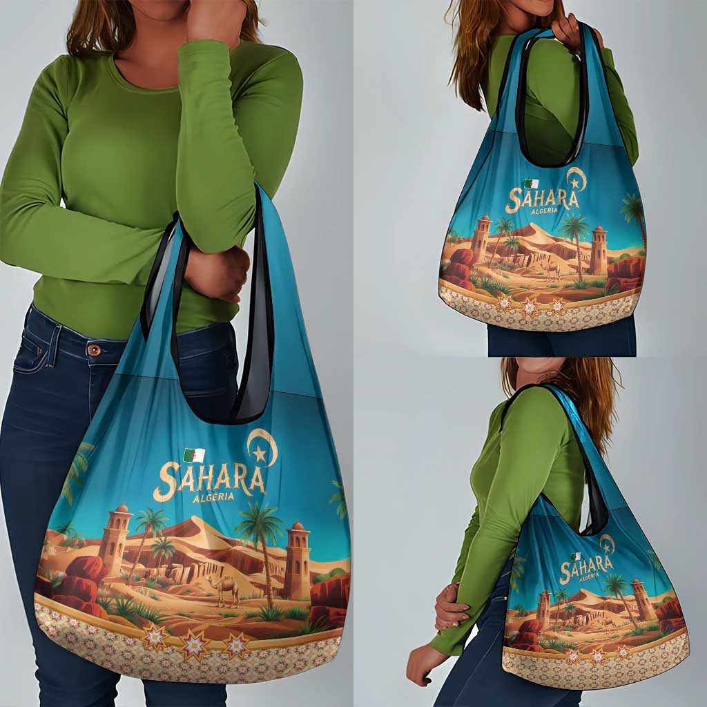 Sahara Algeria Grocery Bag with Desert Camel Landscape and Islamic Motif Design