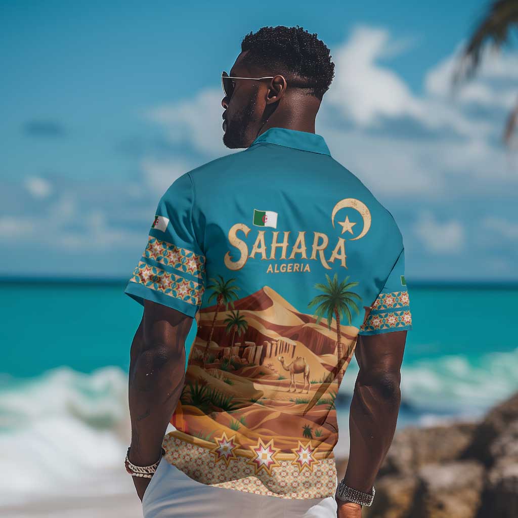 Sahara Algeria Hawaiian Shirt with Desert Camel Landscape and Islamic Motif Design
