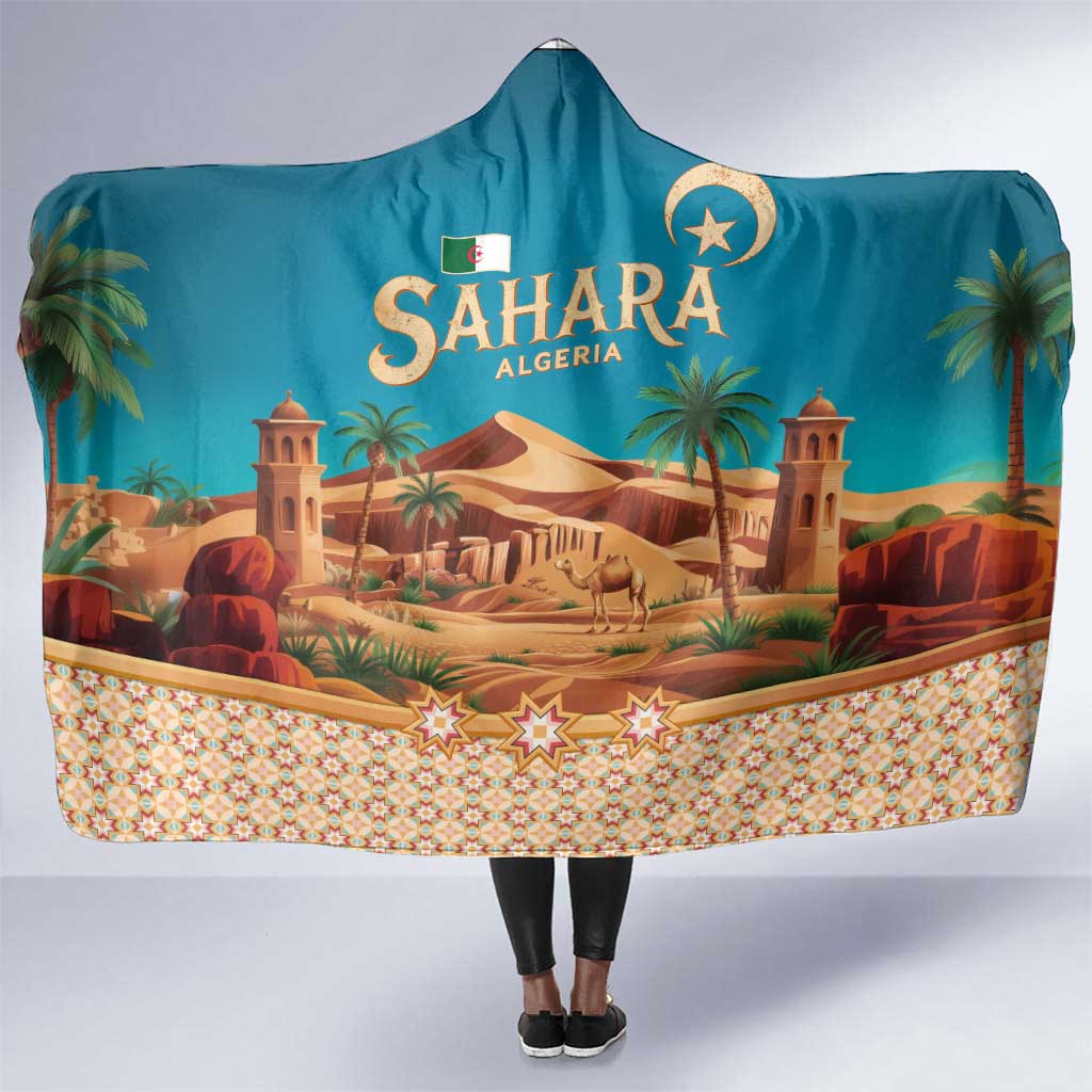 Sahara Algeria Hooded Blanket with Desert Camel Landscape and Islamic Motif Design