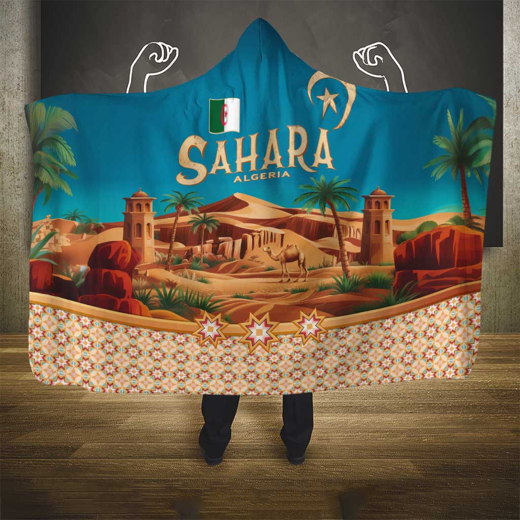 Sahara Algeria Hooded Blanket with Desert Camel Landscape and Islamic Motif Design
