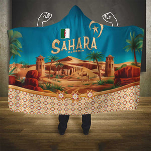 Sahara Algeria Hooded Blanket with Desert Camel Landscape and Islamic Motif Design