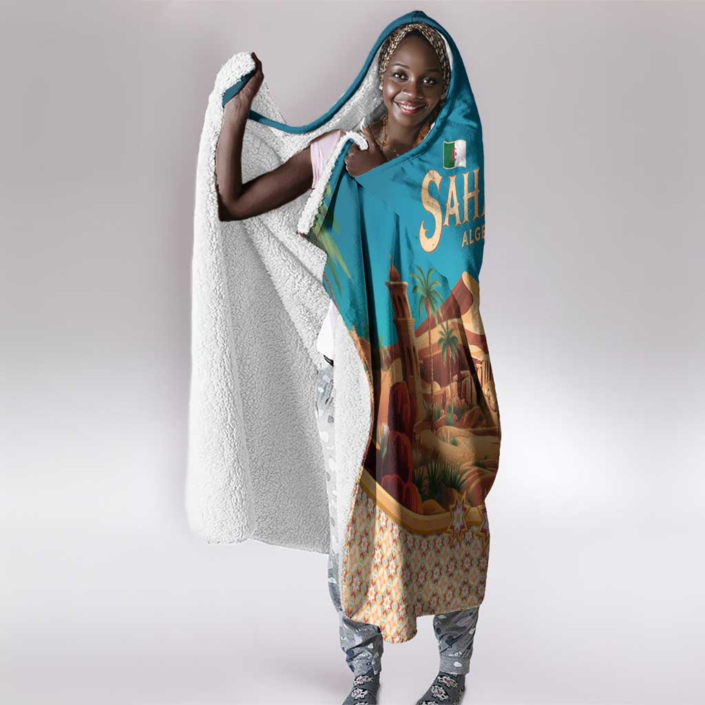 Sahara Algeria Hooded Blanket with Desert Camel Landscape and Islamic Motif Design
