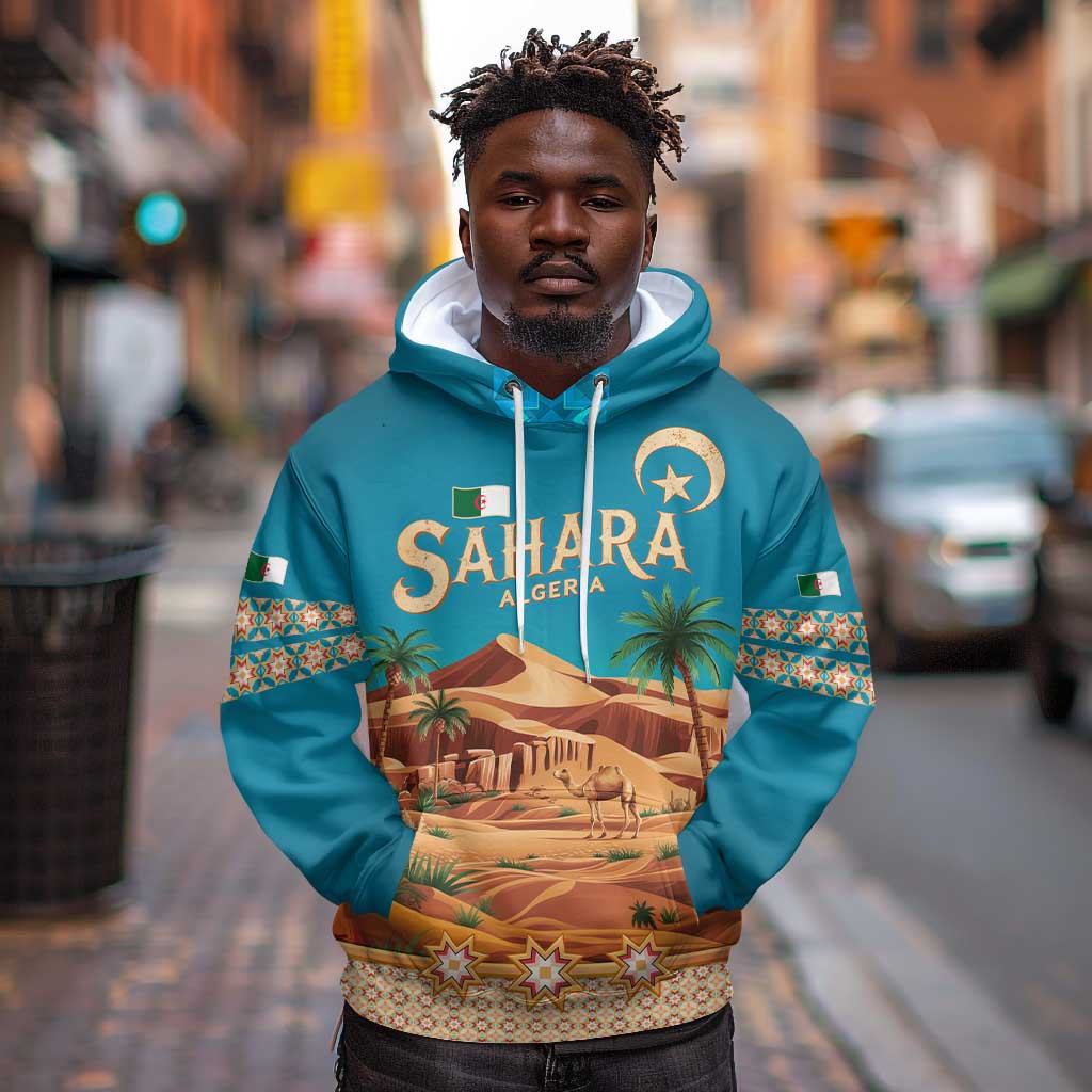 Sahara Algeria Hoodie with Desert Camel Landscape and Islamic Motif Design