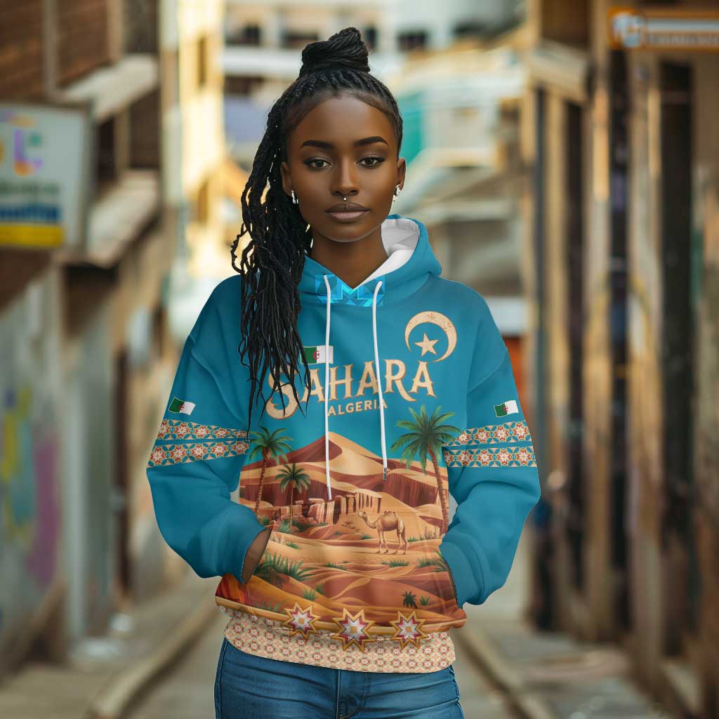 Sahara Algeria Hoodie with Desert Camel Landscape and Islamic Motif Design