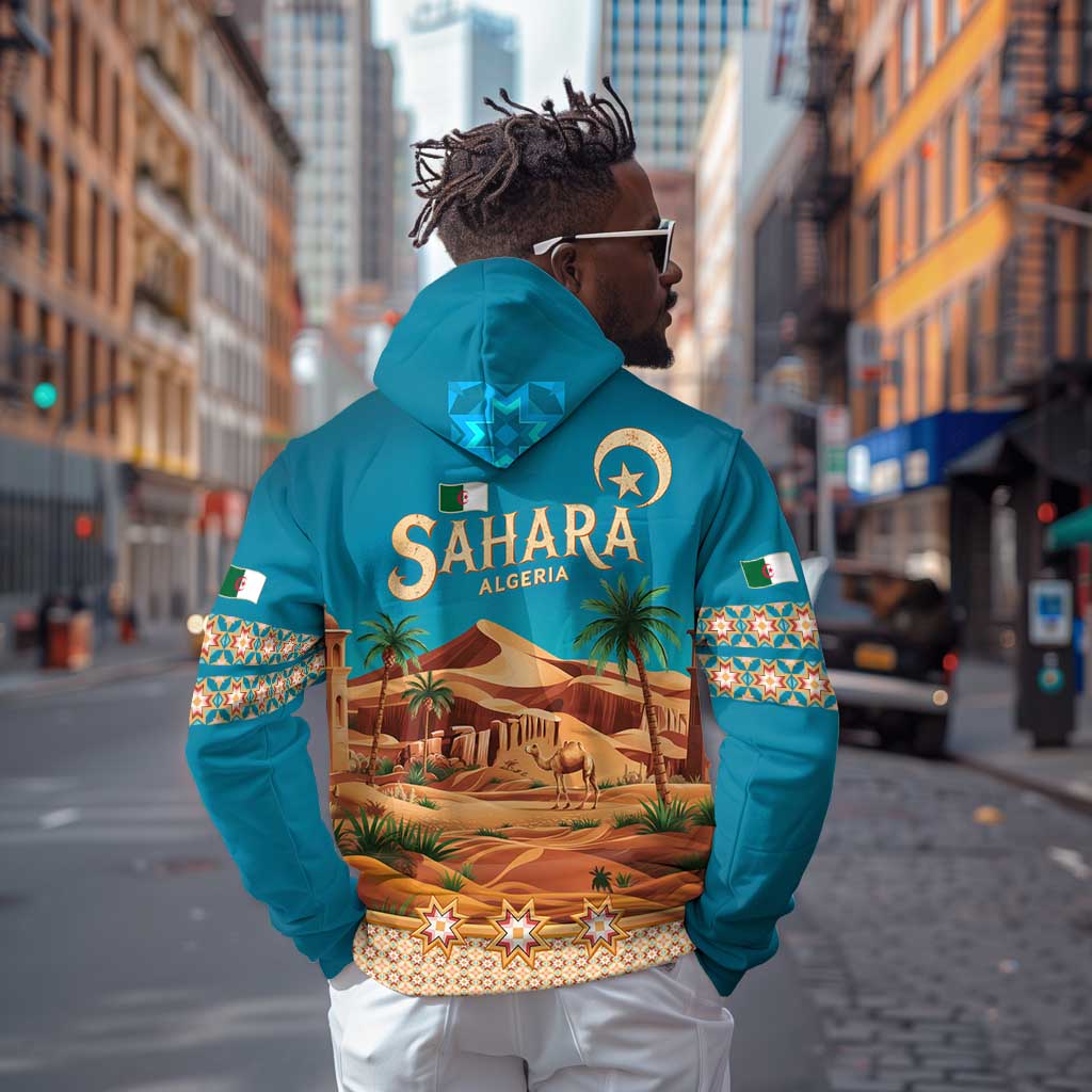 Sahara Algeria Hoodie with Desert Camel Landscape and Islamic Motif Design