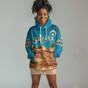 Sahara Algeria Hoodie Dress with Desert Camel Landscape and Islamic Motif Design