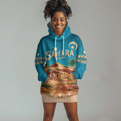 Sahara Algeria Hoodie Dress with Desert Camel Landscape and Islamic Motif Design