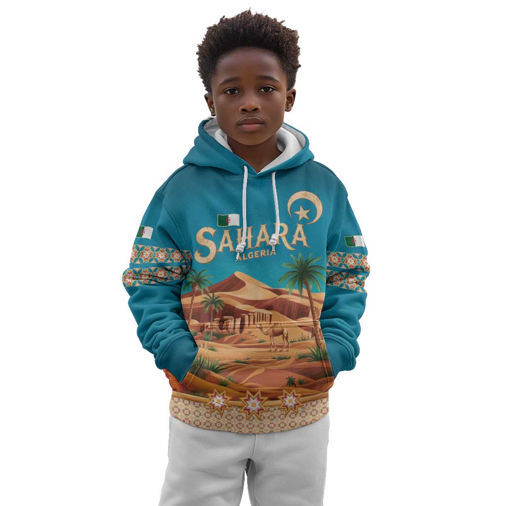 Sahara Algeria Kid Hoodie with Desert Camel Landscape and Islamic Motif Design