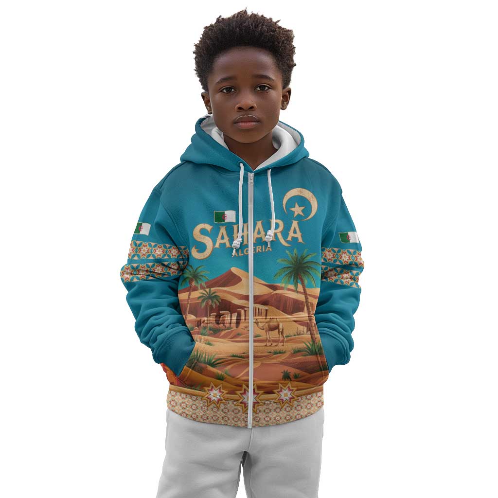 Sahara Algeria Kid Hoodie with Desert Camel Landscape and Islamic Motif Design