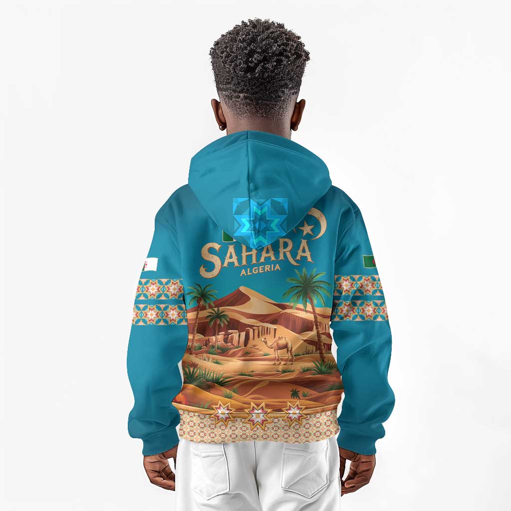 Sahara Algeria Kid Hoodie with Desert Camel Landscape and Islamic Motif Design