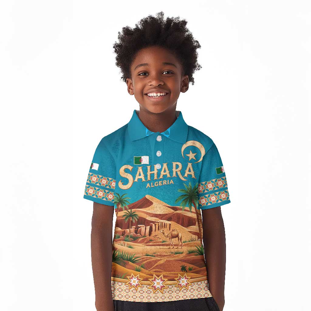 Sahara Algeria Kid Polo Shirt with Desert Camel Landscape and Islamic Motif Design