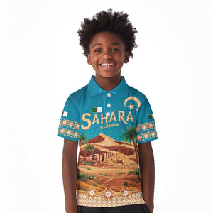Sahara Algeria Kid Polo Shirt with Desert Camel Landscape and Islamic Motif Design