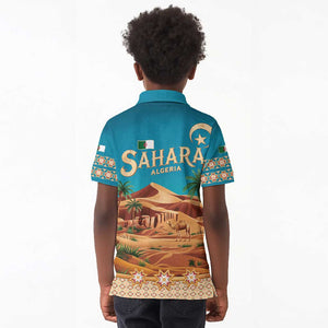Sahara Algeria Kid Polo Shirt with Desert Camel Landscape and Islamic Motif Design