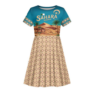 Sahara Algeria Kid Short Sleeve Dress with Desert Camel Landscape and Islamic Motif Design