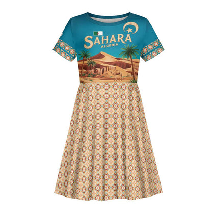 Sahara Algeria Kid Short Sleeve Dress with Desert Camel Landscape and Islamic Motif Design