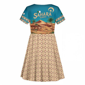 Sahara Algeria Kid Short Sleeve Dress with Desert Camel Landscape and Islamic Motif Design