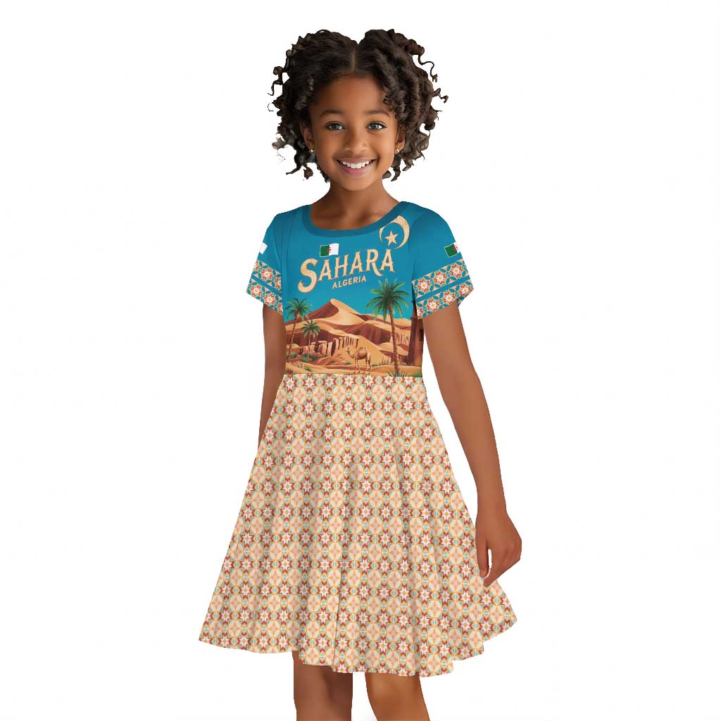 Sahara Algeria Kid Short Sleeve Dress with Desert Camel Landscape and Islamic Motif Design