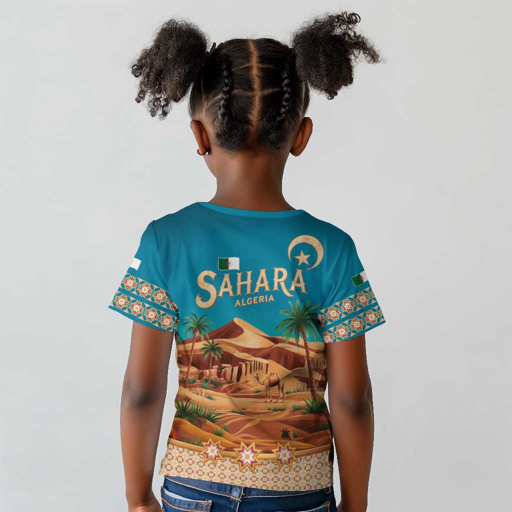 Sahara Algeria Kid T shirt with Desert Camel Landscape and Islamic Motif Design