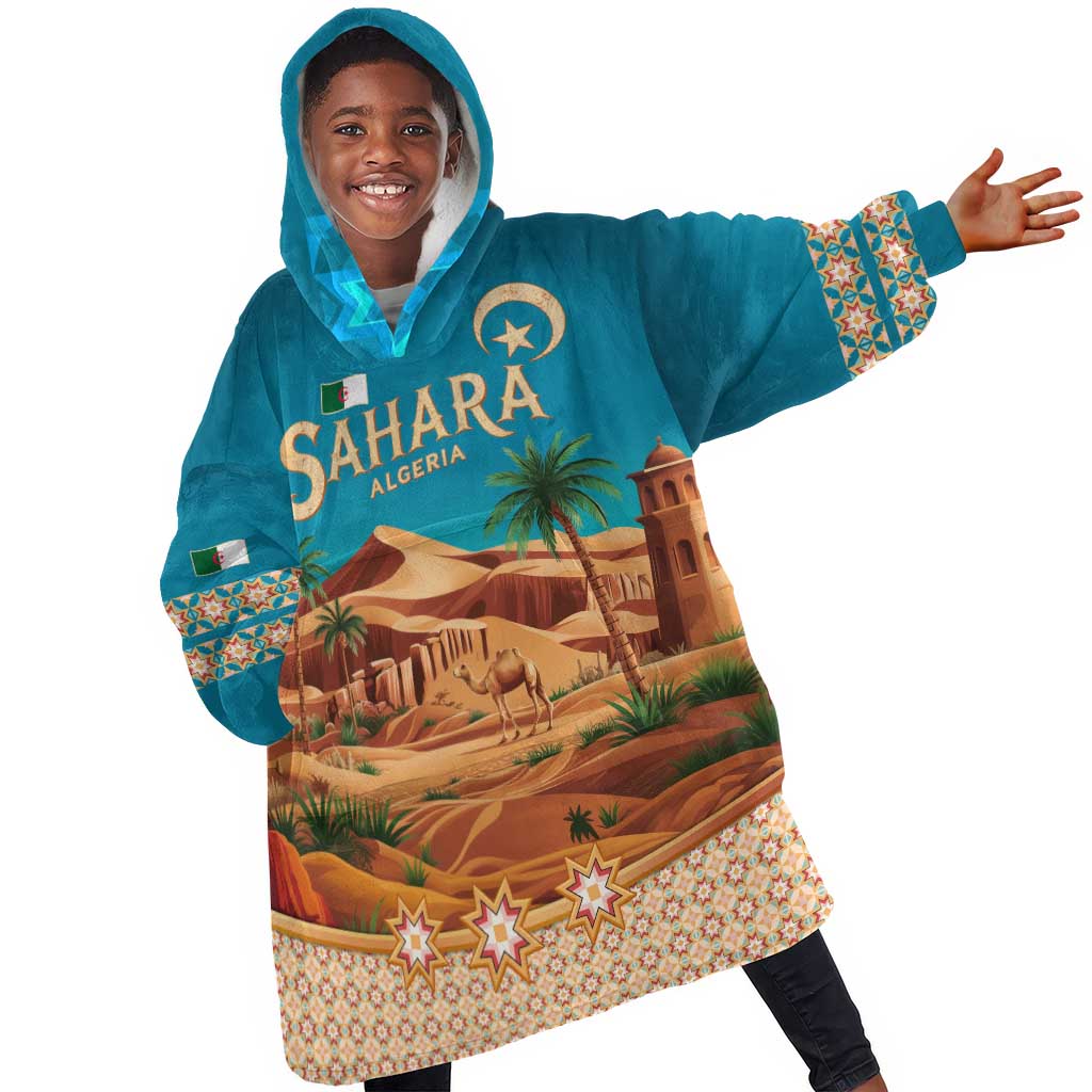 Sahara Algeria Kid Wearable Blanket Hoodie with Desert Camel Landscape and Islamic Motif Design
