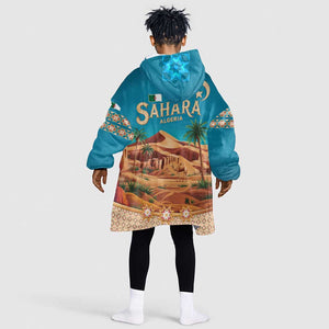 Sahara Algeria Kid Wearable Blanket Hoodie with Desert Camel Landscape and Islamic Motif Design