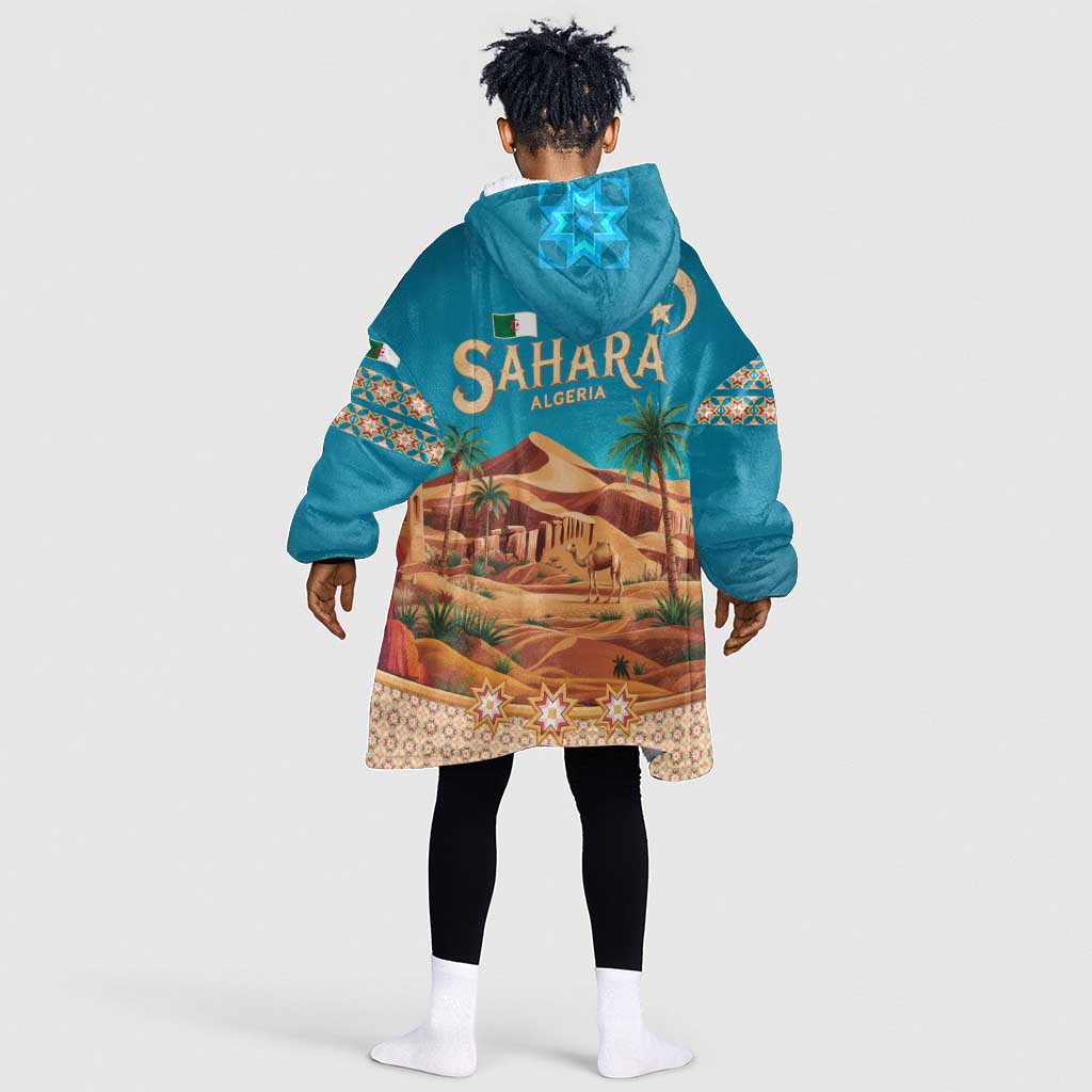 Sahara Algeria Kid Wearable Blanket Hoodie with Desert Camel Landscape and Islamic Motif Design