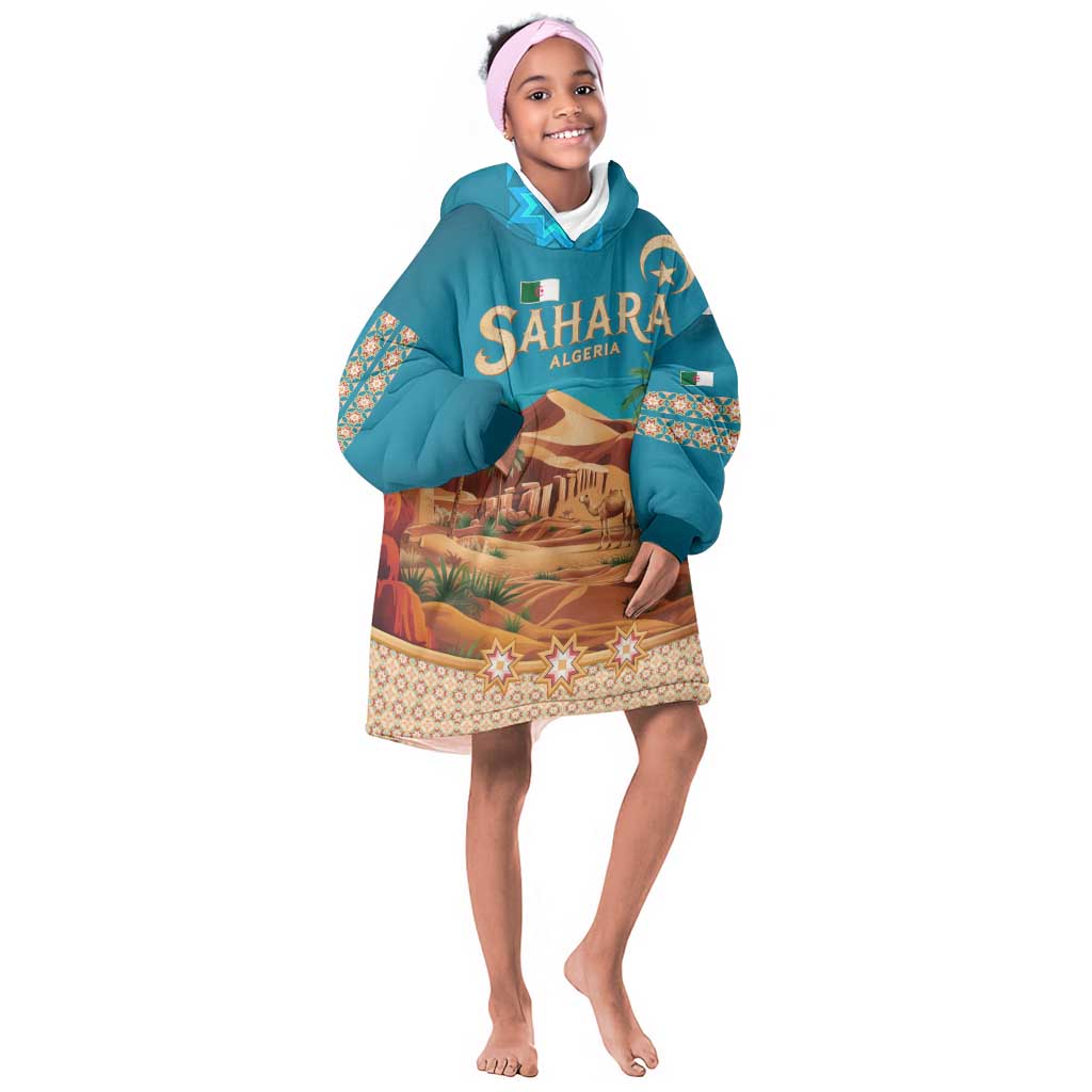 Sahara Algeria Kid Wearable Blanket Hoodie with Desert Camel Landscape and Islamic Motif Design