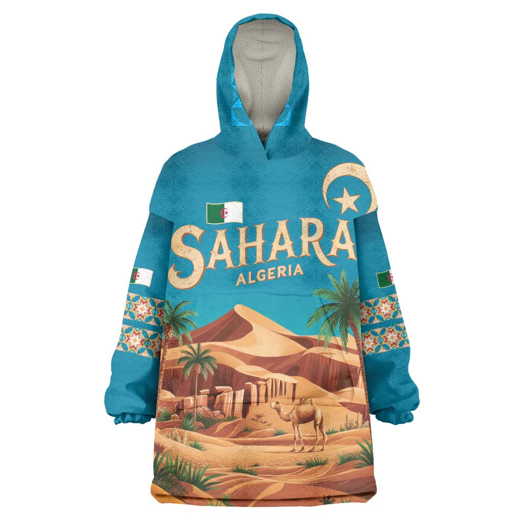 Sahara Algeria Kid Wearable Blanket Hoodie with Desert Camel Landscape and Islamic Motif Design