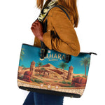 Sahara Algeria Leather Tote Bag with Desert Camel Landscape and Islamic Motif Design