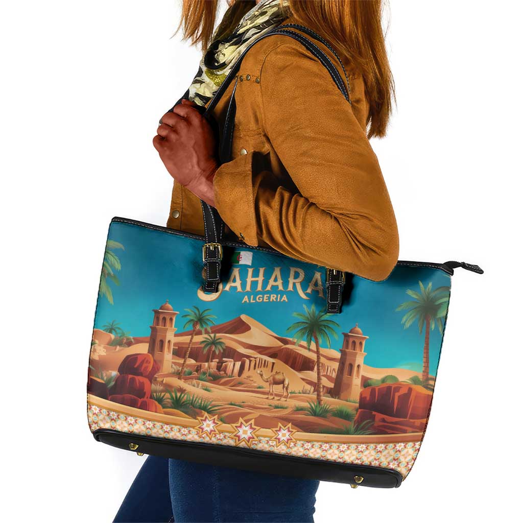 Sahara Algeria Leather Tote Bag with Desert Camel Landscape and Islamic Motif Design