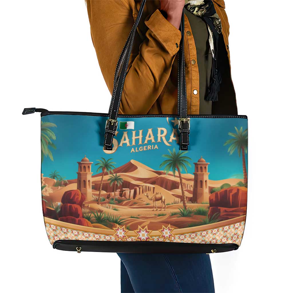 Sahara Algeria Leather Tote Bag with Desert Camel Landscape and Islamic Motif Design